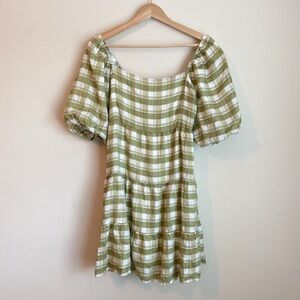 Faithfull the Brand Gingham Checker Puff Sleeve Linen Mini Dress